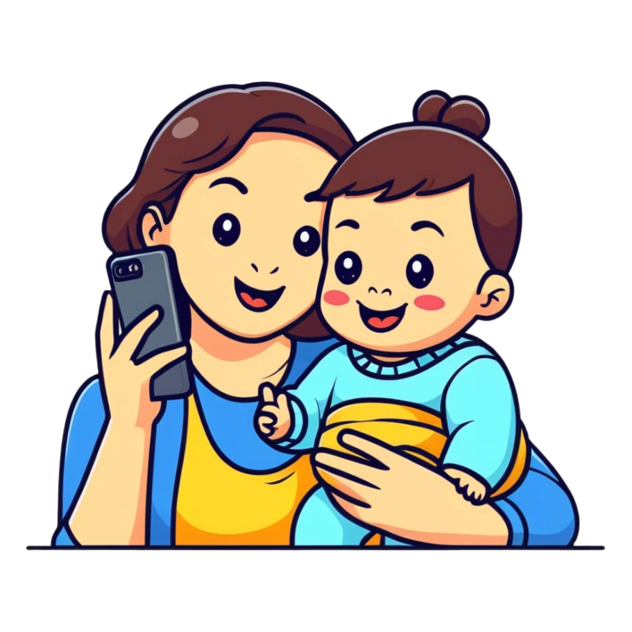 mom and baby making funny faces taking selfie together sticker