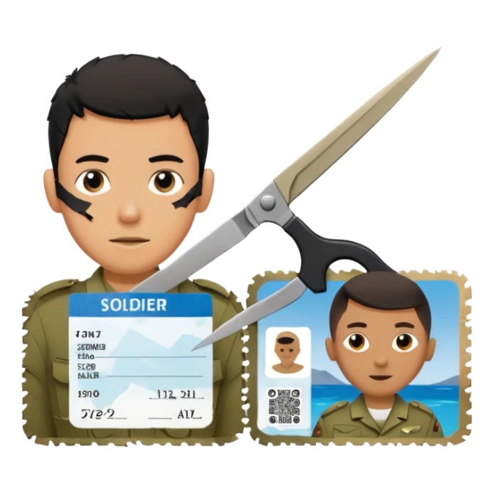 Floating black Scissors cutting in half an idf soldier ID card in 2 parts .hyper realistic sticker