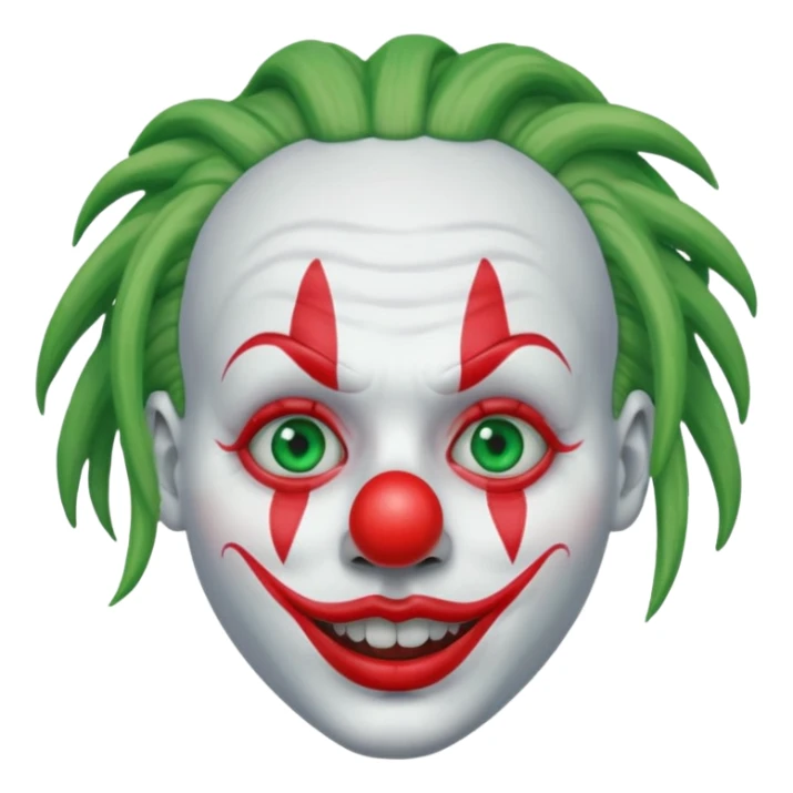 White face clown, with green dreadlocks, red lips, red ball nose, and blue eye paint sticker