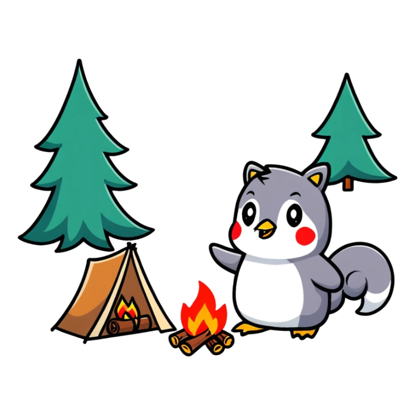 Pinguin und Eichhörnchen beim Campen, Lagerfeuer, cartoon sticker sticker