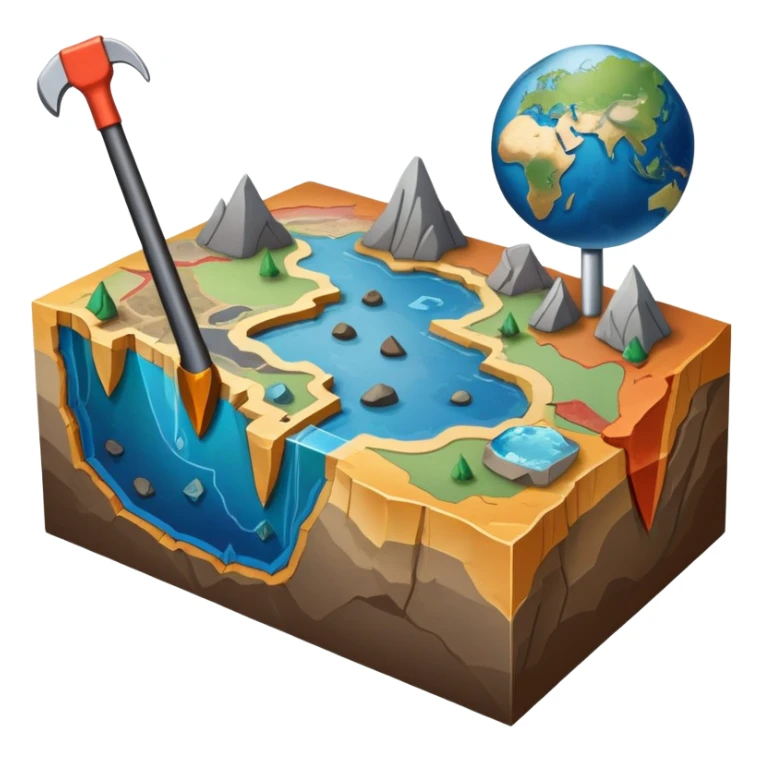 An icon featuring a crowbar and a geological map, and layers of Earth’s crust, symbolizing geology. The design includes mineral samples, fossils, and tectonic plates, representing the study of Earth’s structure and natural processes. Transparent background highlights geological exploration sticker