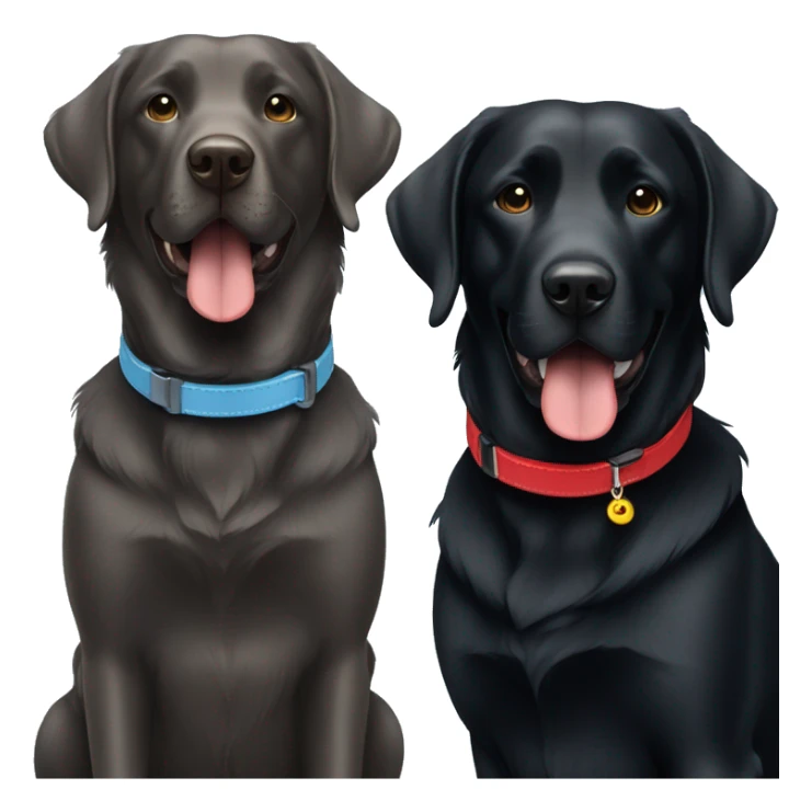 2 happy adult black labradors, one has a red collar, one has a light blue collar,side by side. sticker