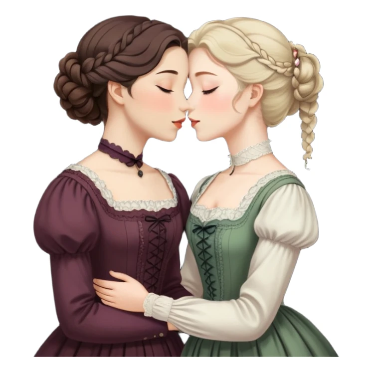 eyes closed lesbian kiss between modest Victorian women with different hair colors wearing dark outfits sticker