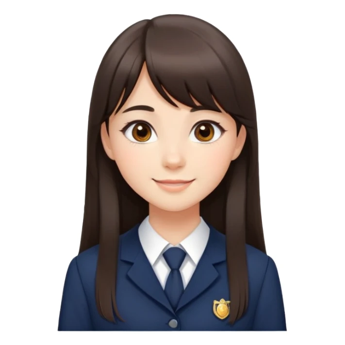Pretty student with dark brown bangs and long straight hair, elegant school uniform, natural makeup, charming smile sticker