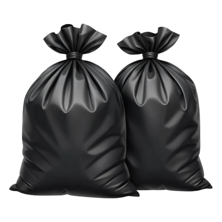 two black trash bags tied at the top, slightly crinkled glossy plastic texture, full rounded shapes, visible knot or twist at the top of each bag, natural folds and bulges suggesting volume, soft lighting, subtle shadows, emoji scale, transparent background sticker