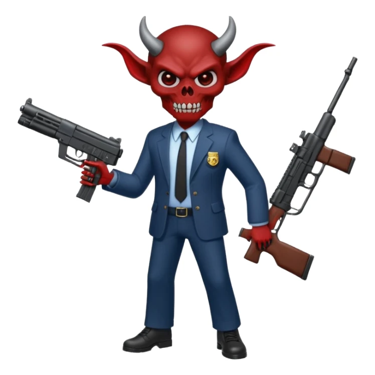 A Demon from hell that is dressed like a fbi agent with a machine gun, full body pointing the machine fun to the left. In the style of your bleeding skull artwork. sticker