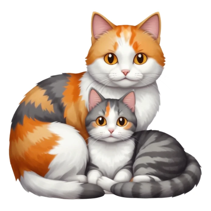 full body colourful light patched calico + white tabby cat cuddling a grey and white cat  sticker