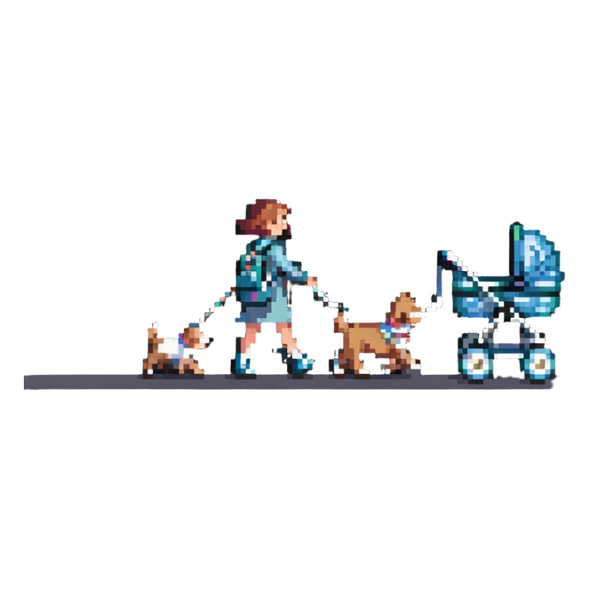 girl walking with a stroller and dog on a leash sticker