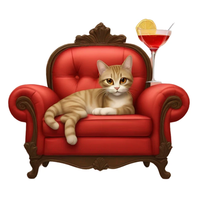 cat laying on vintage red sofa holding a fancy cocktail in its paw sticker
