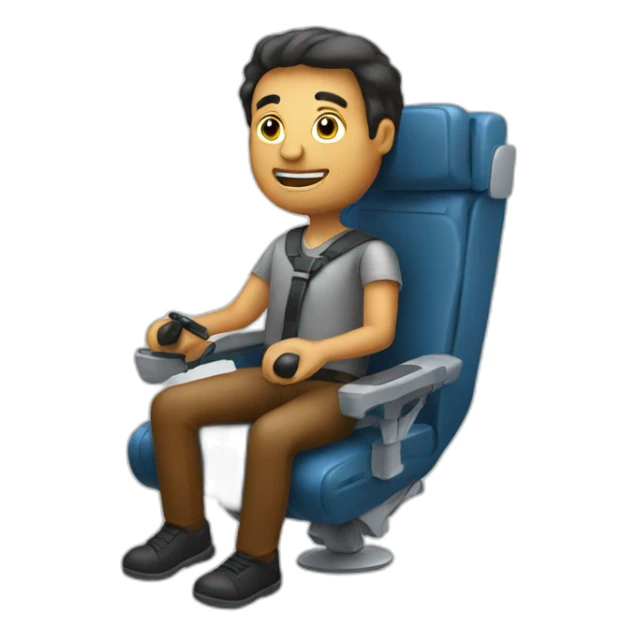 Man sitting in flight chair, with flight sticks sticker