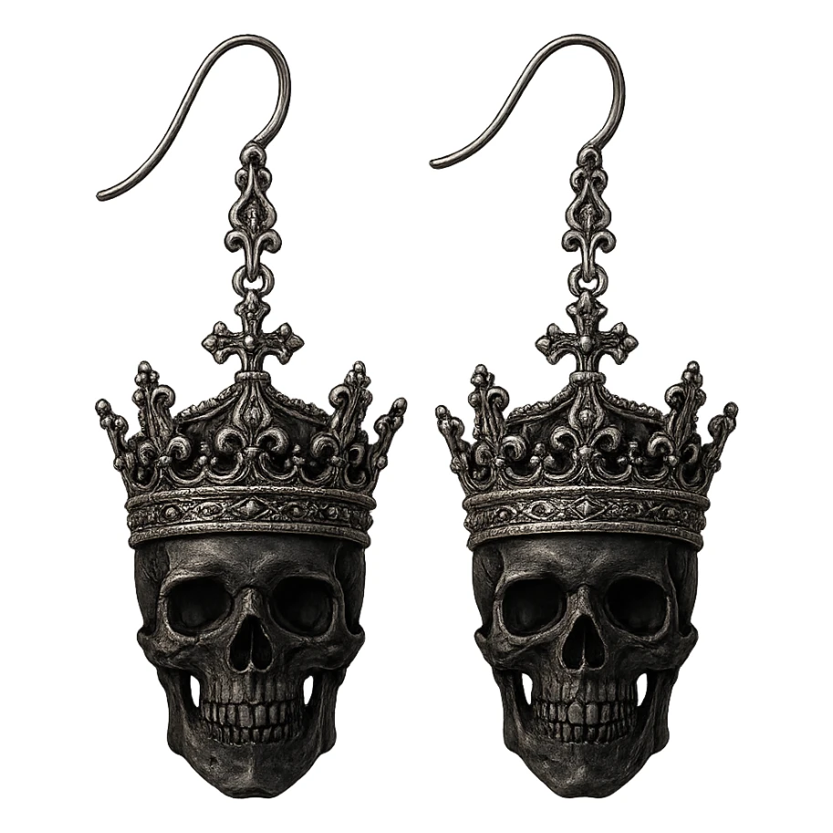 goth earrings, black skull with silver crown, regal gothic style, detailed, intricate sticker