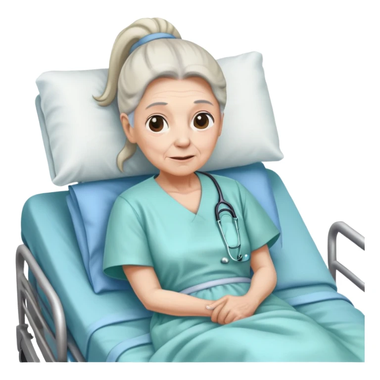 old woman with pony tail in hospital bed sticker