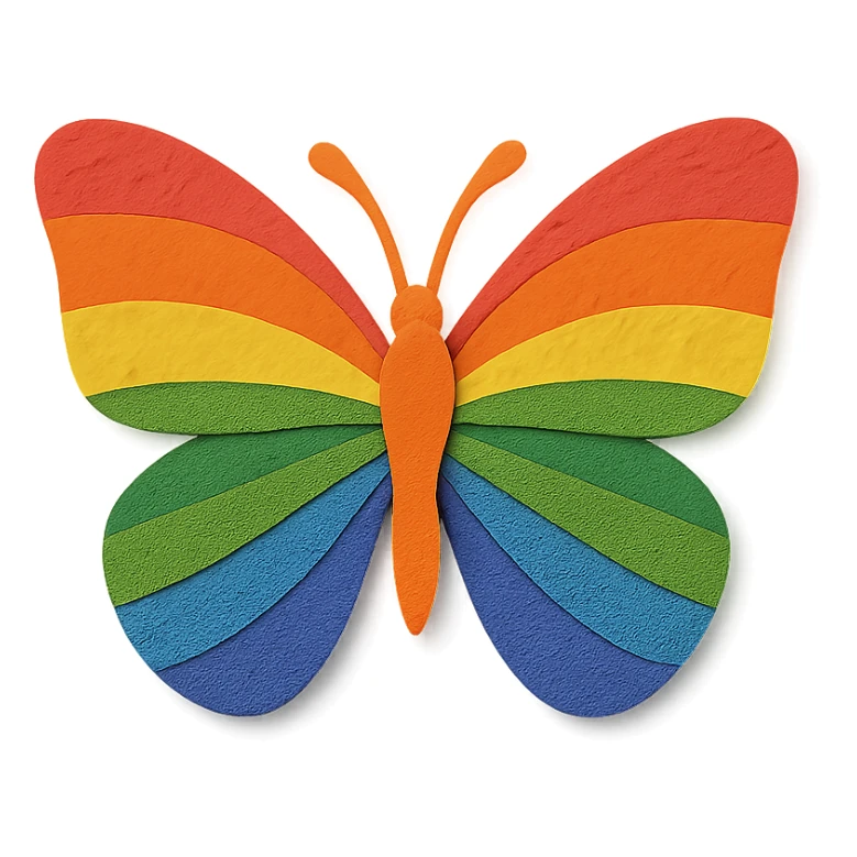 a butterfly in paper craft style, layered paper, rainbow pride colors, handmade look sticker