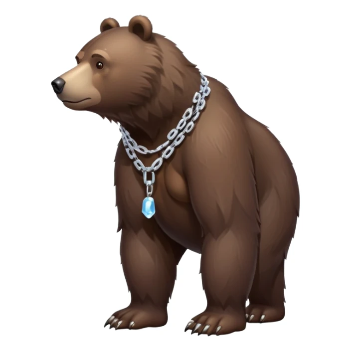 Dark brown bear in a slight walking pose, full body view on all four legs, realistic fur detail, serious expression, ice chain around neck sticker