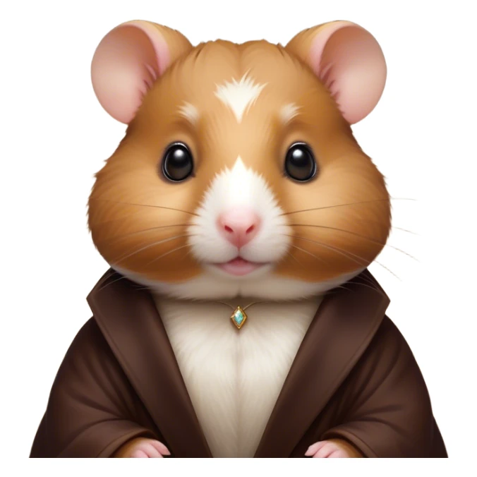 Cinematic Noble Brown Hamster Portrait Emoji, Poised and regal, with a tiny, compact build and a smooth, well-kept rich brown coat, deep-set soulful dark eyes, Simplified yet sharp and sophisticated features, highly detailed, glowing with a soft, dignified glow, high shine, intelligent and energetic, stylized with an air of miniature majesty, focused and attentive, soft glowing outline, capturing the essence of a watchful and confident rodent, so majestic it feels as though it could scurry out of the screen with effortless authority! sticker