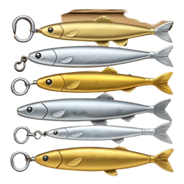 A metal lure set arranged on a wooden plank sticker