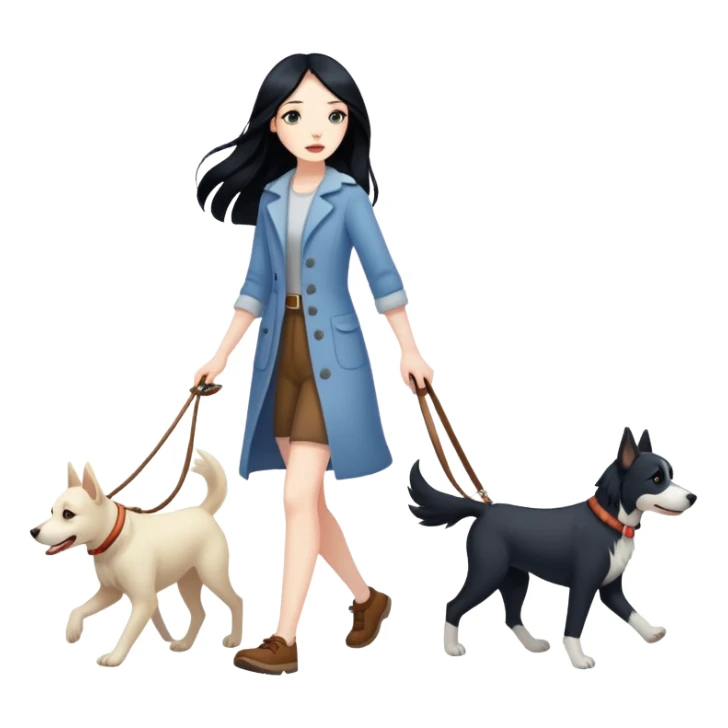 A girl with long black hair walking with three dogs sticker
