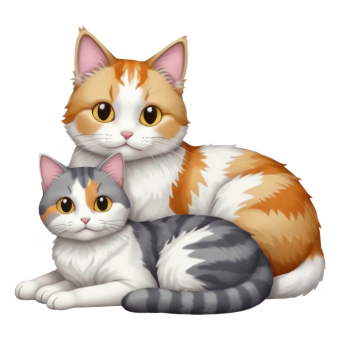 full body colourful light patched calico + white tabby cat cuddling a grey and white cat  sticker