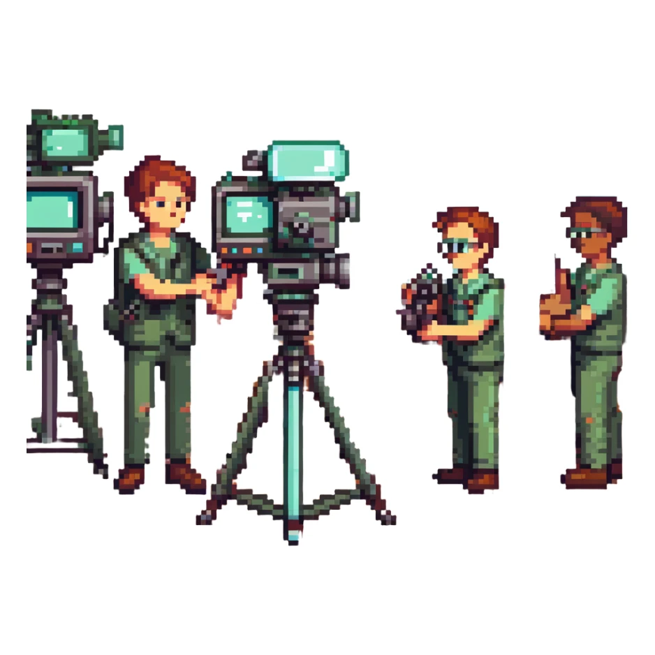 collaboration équipe de tournage with multiple members including caméraman, preneur de son, réalisateur working together around a broadcast camera, dynamic atmosphere, wide shot, team spirit in pixel art style sticker