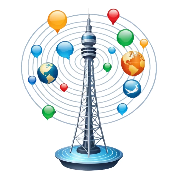 An icon featuring a communication tower with signal waves, satellites in orbit, and fiber optic cables. The design includes a smartphone, message bubbles, and a globe with connection lines, symbolizing global communication networks. Transparent background  sticker