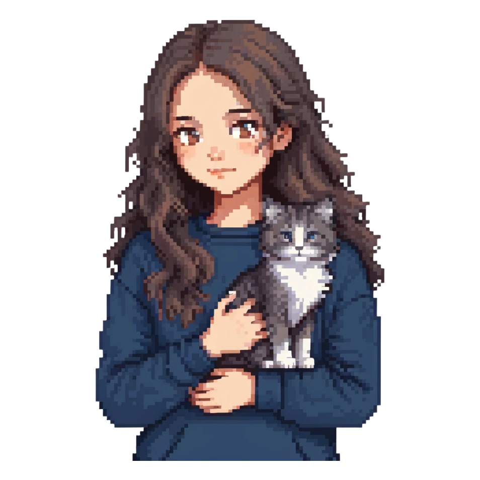 Brunette girl with dark blue sweatshirt lovingly holding a grey Siberian cat, detailed pixel art sticker
