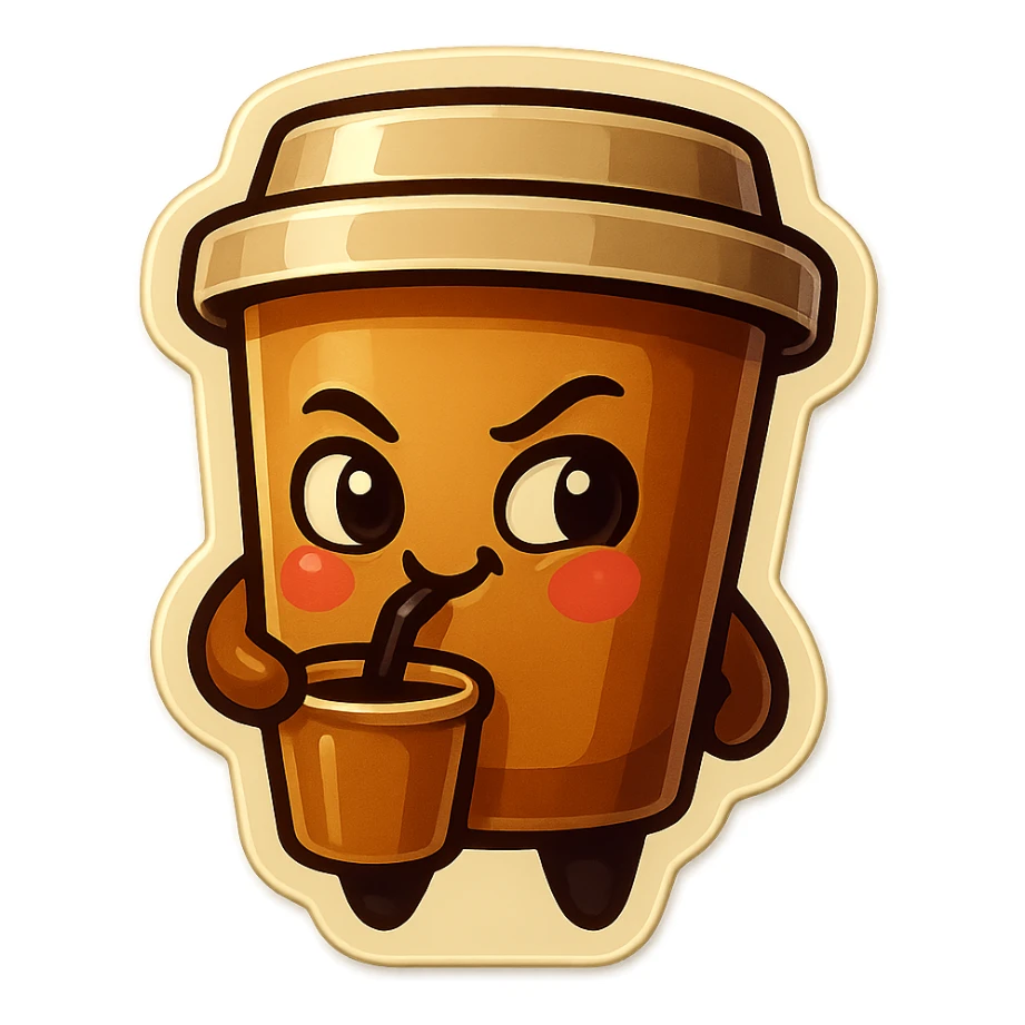Tall coffee cup, intrigued, mischievous, drinking coffee, looking sideways sticker