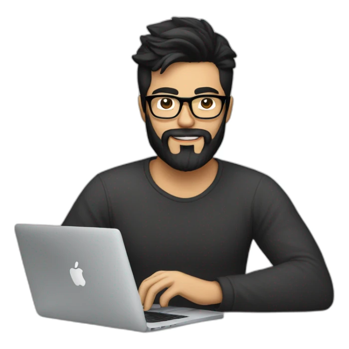 Designer with black hair, beard and glasses working with MacBook and drinking cappuccino  sticker