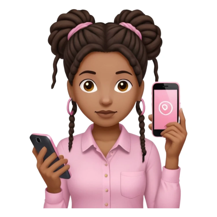 Dark brown woman with dreadlocks in bun Light pink shirt with a light pink phone in her hand sticker
