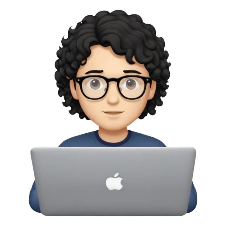 guy with wavy kinda curly black hair and light-to-medium skin tone and glasses, with a macbook sticker