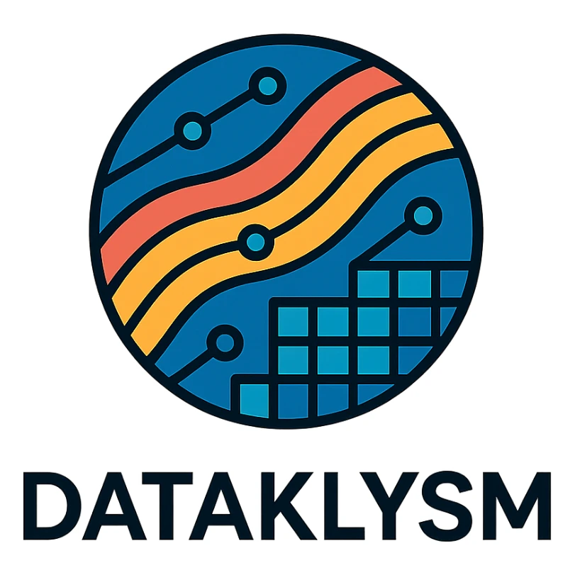 sleek futuristic icon logo for DATAKLYSM with stylized data streams, digital grid motifs, sharp lines, emphasizing innovation and technology sticker
