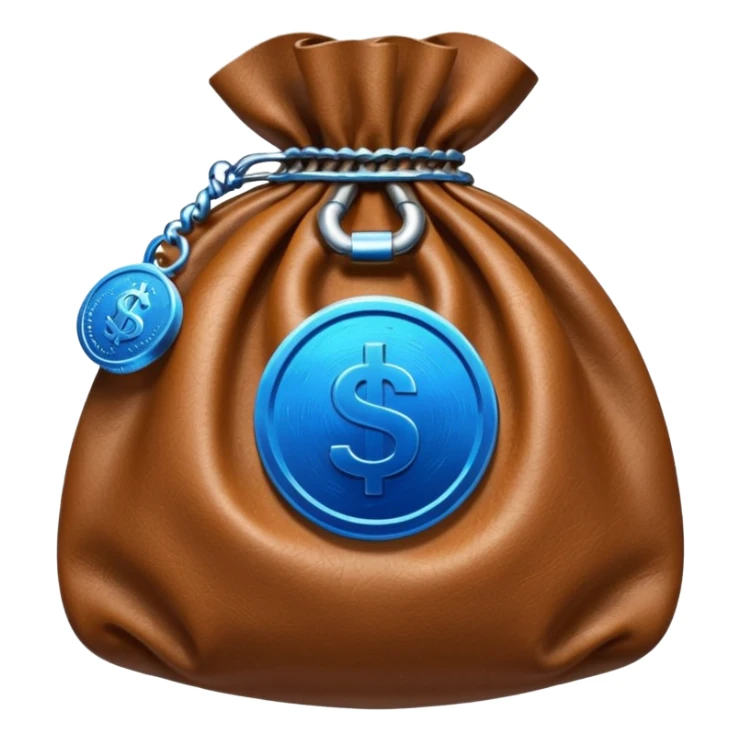 brown money bag with a blue coin  sticker