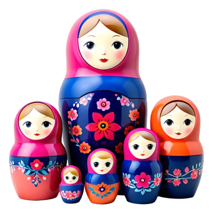 A modern Russian pop art matryoshka doll, fully opened and arranged horizontally in a clean, structured layout, with each layer revealing a unique, vibrant color while maintaining a cohesive palette. Smooth, glossy surfaces adorned with abstract, contemporary patterns create a sense of unity and depth. Rich, harmonious colors such as deep navy, coral, fuchsia, soft peach, and muted lavender contrast elegantly against a sleek gradient lavender-coral with noise background. The ultra-sharp focus, refined lighting, and high-end beauty product aesthetics bring a stunning, captivating glow to this 3D render. sticker
