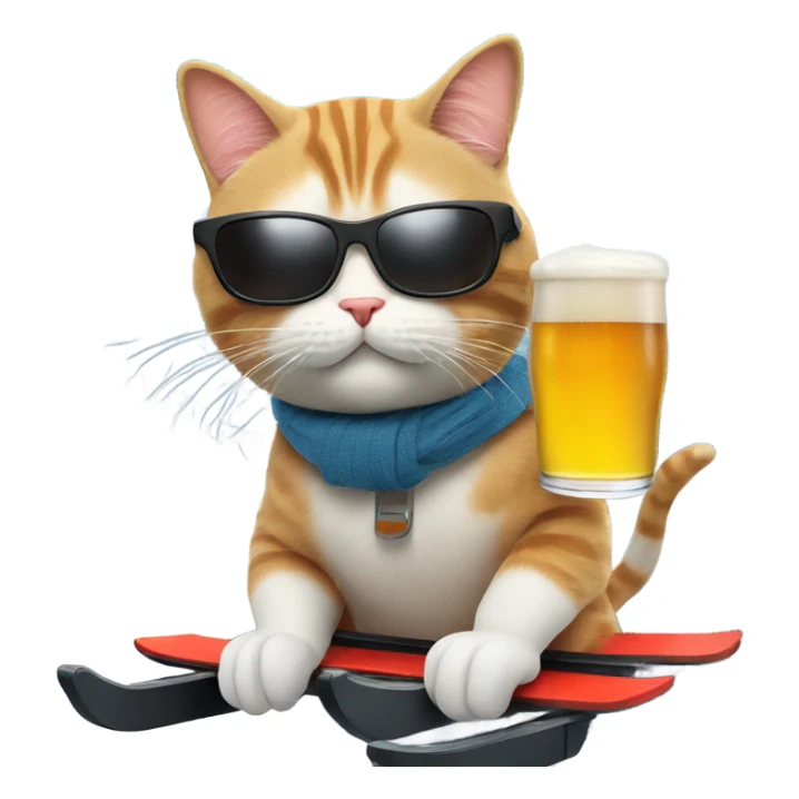 Cat with sunglasses on a ski lift with a beer  sticker