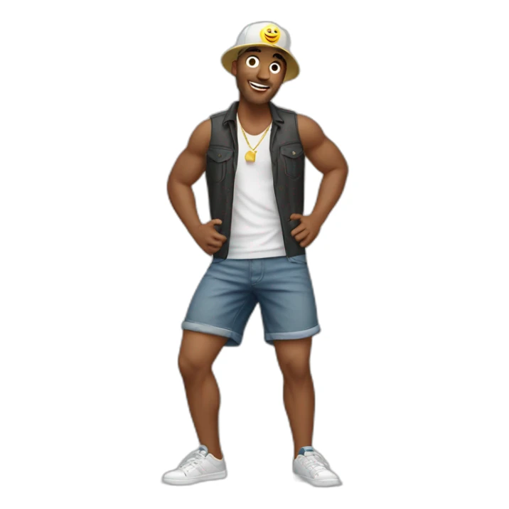 white man, cross earring, cap and short shorts, dancing sticker
