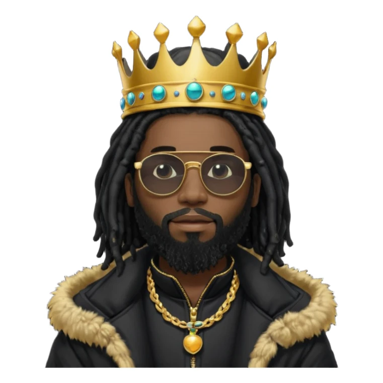 African American man with beardwith shoulder length black dreadlocks wearing black sunglasses with black bubble winter coat weariring a crown on his head sticker