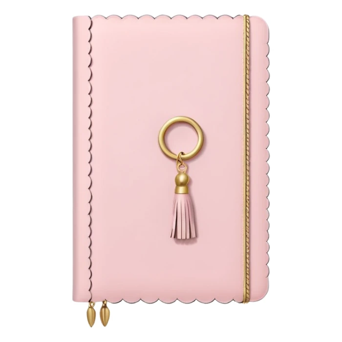 a soft pink journal with scalloped edges, tiny gold dot details, and a small tassel charm, cozy and elegant stationery vibe sticker