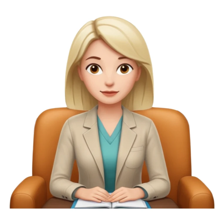 A professional female psychologist, friendly expression, sitting in a therapy office, modern and warm environment, neutral colors, realistic style, white background sticker