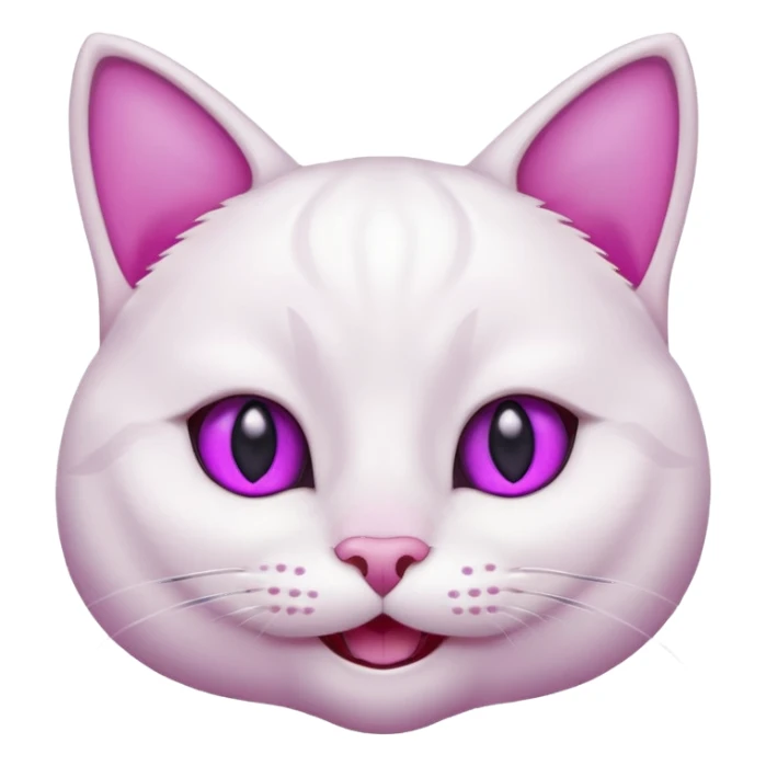 White cat happy smiling with teeth showing, light pink inner ears, magenta purple eyes, looks like discord's :smiley_cat: emoji sticker
