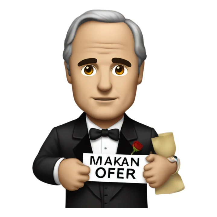 Marlon brando as the godfather holding a sign saying “Make an Offer” sticker