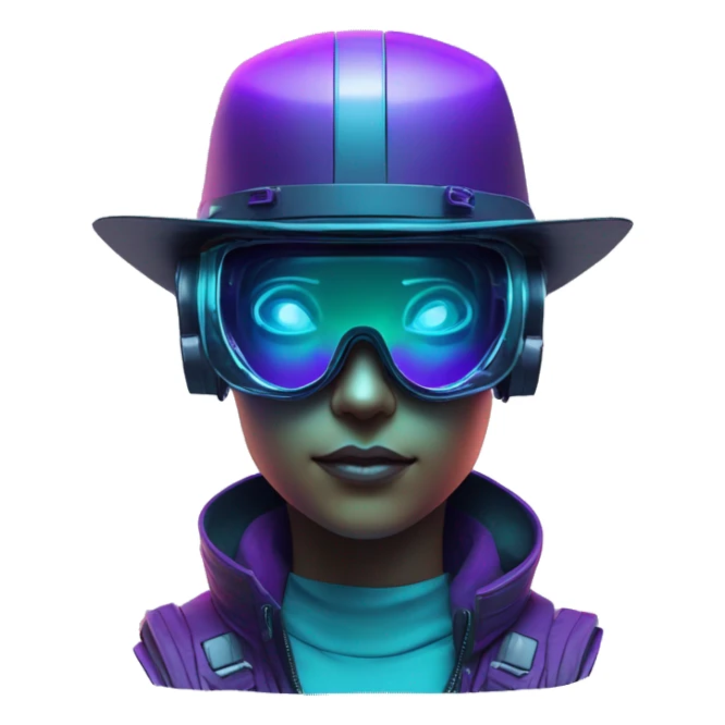 Secret humanoid agent in a futuristic hat with in Apple VR goggles headset code display on the goggles , cyberpunk, cyan and purple colors, only upper body portrait, front facing the camera  sticker