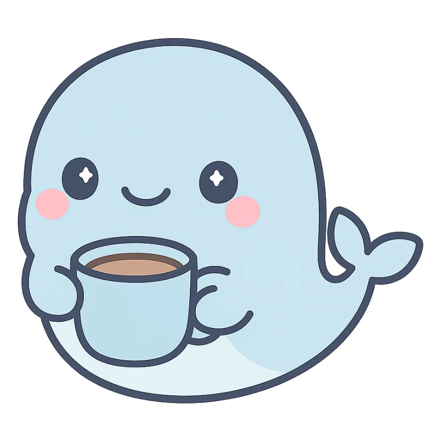 cute whale holding a cup of coffee in a blue cup, charming and friendly style sticker