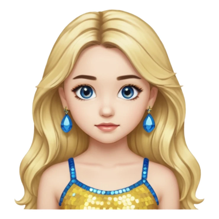 Sabrina Carpenter with long blonde hair, yellow sequin crop top, yellow earring, blue eye sticker