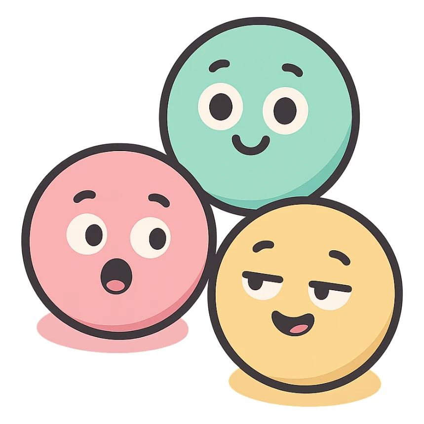 group of three pastel candy pastilles, different soft colors, rounded shapes, subtle shading, minimal details, icon style sticker