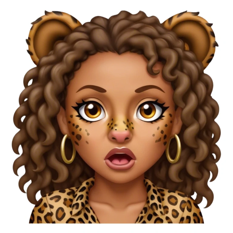 Melanie Brown with brown curls wearing leopard print and snarling with a scrunched nose sticker