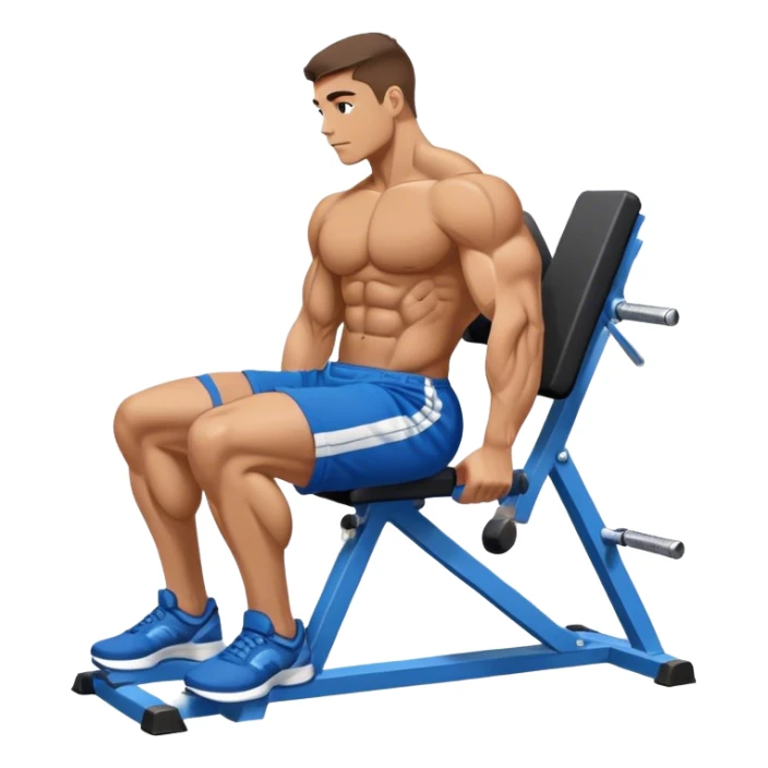 side-view bodybuilder in blue shorts seated weighted calf-raise machine on his tip toes sticker