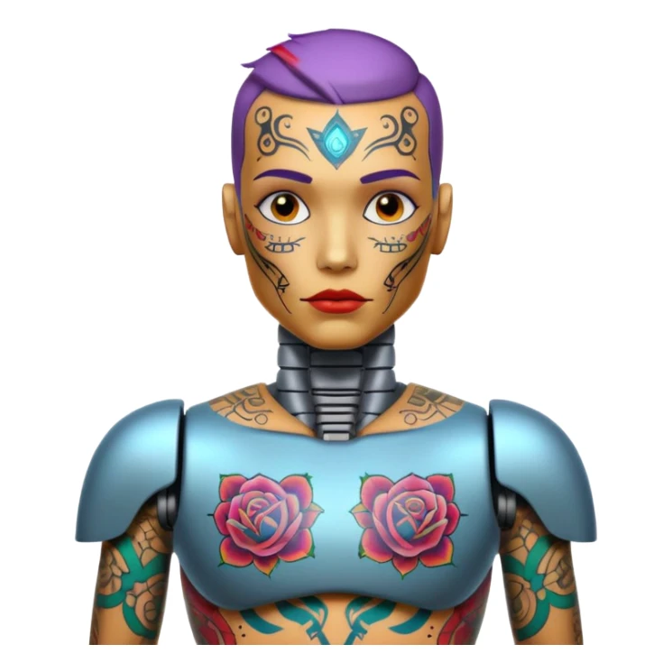 Tatooed robot, big many tatooes on chest, neck and face sticker