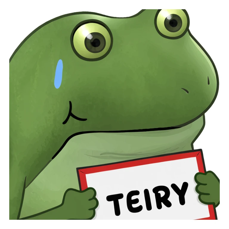 peepo frog with teary eyes, holding a 'sorry' placard sticker