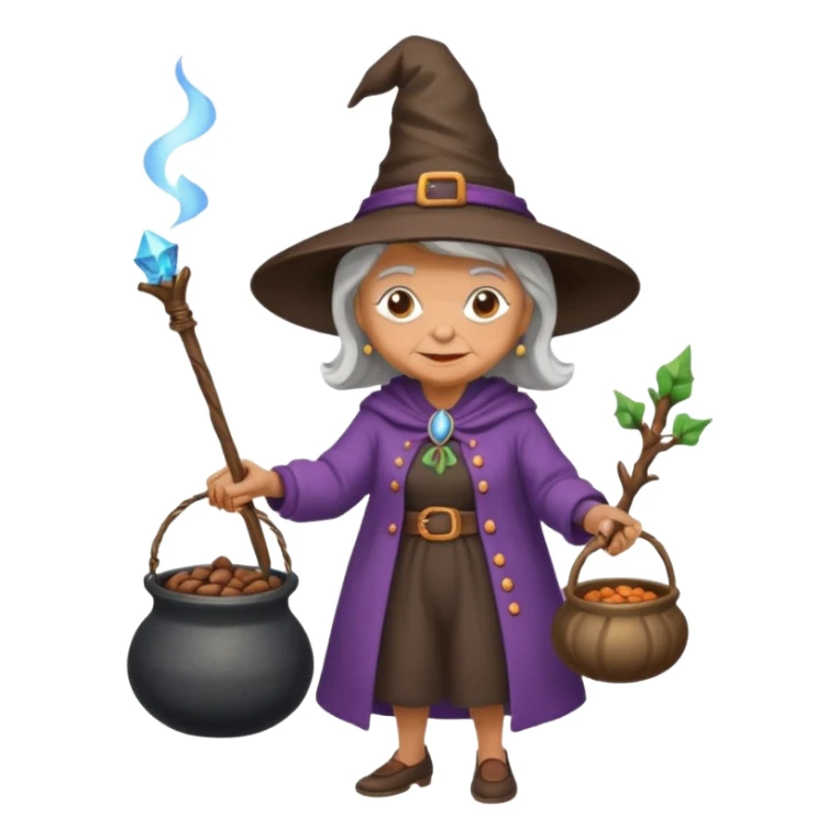 A grandma walking with a magic wand and a cauldron while holding a can of beans sticker