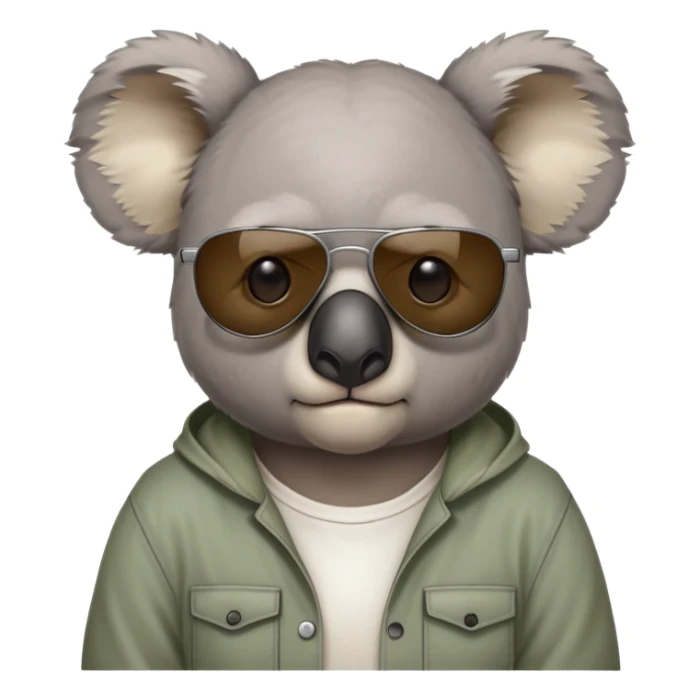 anthropomorphised koala, head and shoulders, casual clothing, dark sunglasses, grumpy expression sticker
