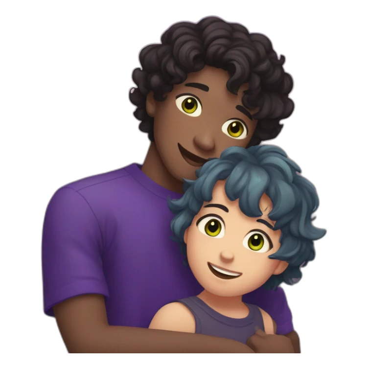 black short wavy hair boy and middle part bangs, with green-gray eyes, hugging a purple-blue short shoulder-length hair, slightly chubby brown eyed girl  sticker